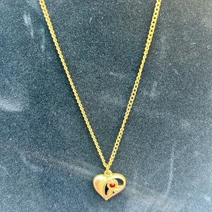 Gold Heart Pendant Necklace with Red Accent